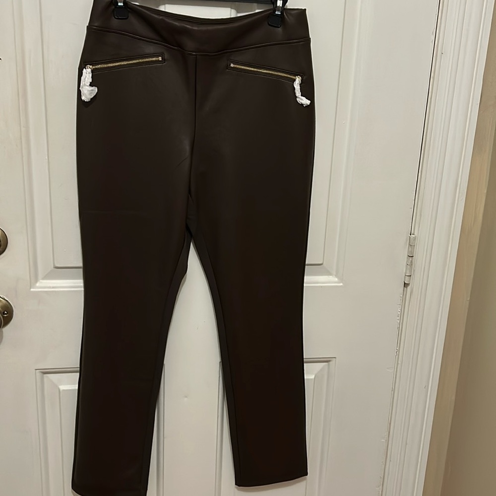 Belle Kim Gravel brown faux leather ponte pant Size 10 New